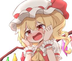 Rule 34 | 1girl, ascot, blonde hair, blush, bow, coruthi, crystal, flandre scarlet, frilled shirt, frilled sleeves, frills, hands on own cheeks, hands on own face, hat, hat ribbon, heart, heart-shaped pupils, laevatein (touhou), looking at viewer, mob cap, one side up, open mouth, puffy short sleeves, puffy sleeves, red bow, red eyes, red ribbon, red vest, ribbon, shirt, short hair, short sleeves, side ponytail, simple background, smile, solo, symbol-shaped pupils, touhou, vest, white background, white shirt, wings, yellow ascot