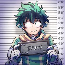 Rule 34 | 1boy, absurdres, artist name, barbie (franchise), barbie (live action), barbie mugshot (meme), bodysuit, boku no hero academia, bunnnyui, character name, commentary, english commentary, freckles, gloves, green bodysuit, green eyes, green hair, hands up, highres, holding, holding sign, instagram username, looking at viewer, male focus, meme, midoriya izuku, mugshot, name tag, sanpaku, short hair, sign, solo, spiked hair, straight-on, sweat, tiktok username, twitter username, watermark, wavy mouth, white gloves