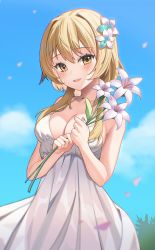 Rule 34 | 1girl, absurdres, bare shoulders, blonde hair, blush, breasts, camisole, cleavage, collarbone, cowboy shot, dress, flower, genshin impact, hair flower, hair ornament, halter dress, halterneck, highres, holding, holding flower, long hair, looking at viewer, lumine (genshin impact), medium breasts, neil (neil nim), open mouth, outdoors, sky, smile, solo, white dress, yellow eyes