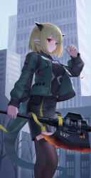Rule 34 | 1girl, absurdres, arknights, axe, black shirt, black skirt, black thighhighs, blonde hair, building, commentary, day, dragon horns, dragon tail, feet out of frame, green jacket, hand up, highres, holding, holding axe, horns, id card, jacket, long sleeves, looking at viewer, open clothes, open jacket, outdoors, parted lips, pointy ears, red eyes, shirt, short hair, skirt, skyscraper, solo, sthk, tail, thighhighs, vanilla (arknights)