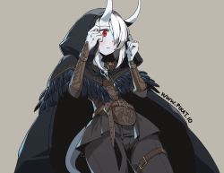 Rule 34 | 1girl, belt, belt buckle, bird skull, brown background, buckle, cloak, closed mouth, dungeons &amp; dragons, feather trim, hair over one eye, hood, hood up, horns, long hair, pale skin, pikat, red eyes, simple background, skull, solo, tail, thigh strap, tiefling, vambraces, white hair