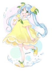 Rule 34 | 1girl, blue hair, blush, commentary request, dress, food, food-themed clothes, food-themed hair ornament, fruit, full body, green eyes, hair between eyes, hair ornament, highres, holding, holding food, lemon, lemon hair ornament, lemon slice, long hair, open mouth, original, personification, polka dot, rougetsu, round teeth, sailor collar, sailor dress, shadow, shoes, short sleeves, socks, solo, standing, standing on one leg, striped, teeth, twintails, upper teeth only, vertical stripes, very long hair, water drop, white background, white sailor collar, white socks, wide sleeves, yellow dress, yellow footwear