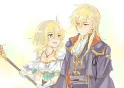 Rule 34 | 1boy, 1girl, ares (fire emblem), armor, ascot, black coat, blonde hair, coat, cousins, feather hair ornament, feathers, fire emblem, fire emblem: genealogy of the holy war, fire emblem: thracia 776, gloves, green eyes, hair between eyes, hair ornament, holding, holding staff, looking at another, medium hair, nanna (fire emblem), nintendo, pauldrons, shoulder armor, smile, staff, unigon (kitsutsuki), white gloves, yellow eyes