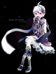 Rule 34 | absurdres, bandaged arm, bandages, bare shoulders, black background, boots, character name, commentary, cross-laced footwear, crossed legs, fingerless gloves, flower, flower (vocaloid), flower (vocaloid4), frilled skirt, frills, full body, gloves, gomiyama, hand to own mouth, happy birthday, highres, invisible chair, kneehighs, lace-up boots, long scarf, looking to the side, multicolored hair, nail polish, purple eyes, purple hair, scarf, simple background, sitting, skirt, smile, socks, streaked hair, striped arm warmers, vest, vocaloid, white hair