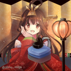 Rule 34 | 10s, 1girl, ahoge, folding screen, hairband, hand on own cheek, hand on own face, hina ningyou, hinamatsuri, japanese clothes, kantai collection, kimono, kongou (kancolle), long hair, looking at viewer, open mouth, personification, serino itsuki, smile, solo, twitter username, white s