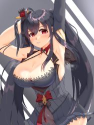 Rule 34 | 1girl, arm up, armpits, artist request, asymmetrical sleeves, azur lane, black dress, black hair, black jacket, bow, breastless clothes, breasts, cleavage, criss-cross halter, dress, flower, grey background, hair flower, hair ornament, halterneck, hand in own hair, highres, jacket, large breasts, long hair, looking at viewer, no panties, red bow, red eyes, red flower, see-through, short dress, simple background, single sleeve, sleeveless, sleeveless jacket, solo, taihou (azur lane), taihou (muse) (azur lane), twintails, uneven sleeves, very long hair