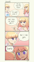 Rule 34 | 1boy, 1girl, 4koma, blouse, clothes writing, comic, english text, gender transitioning, highres, long hair, mole, mole under eye, original, pas (paxiti), shaded face, shirt, speech bubble, striped clothes, striped shirt, time paradox, time travel