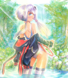 Rule 34 | 1girl, ass, blush, forest, from behind, light rays, long hair, looking at viewer, looking back, mayo riyo, nature, one-piece swimsuit, open mouth, outdoors, partially submerged, short hair with long locks, solo, standing, submerged, sunbeam, sunlight, swimsuit, swimsuit under clothes, thigh gap, thighhighs, traditional media, tree, undressing, vocaloid, voiceroid, wading, water, wet, yuzuki yukari