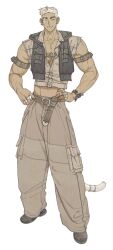 Rule 34 | 1boy, baggy pants, bara, cat tail, chest belt, ear piercing, earrings, full body, highres, jewelry, large pectorals, looking at viewer, male focus, midriff peek, mismatched earrings, muscular, muscular male, na-eun (ejdbvaaqup08jfy), original, pants, pectoral cleavage, pectorals, piercing, scar, scar across eye, short hair, solo, standing, tachi-e, tail, tail ornament, tail ring, thick eyebrows, torn clothes, torn sleeves, white hair