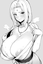 Rule 34 | 1girl, absurdres, bare shoulders, blush, breasts, cleavage, collarbone, facial mark, forehead, forehead mark, greyscale, highres, hotate-chan, huge breasts, jewelry, long hair, looking at viewer, monochrome, naruto, naruto (series), necklace, nipple slip, nipples, parted bangs, smile, solo, sweat, tsunade (naruto)