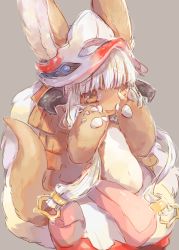 Rule 34 | 1girl, absurdres, bad id, bad pixiv id, blush, cowboy shot, ears through headwear, furry, furry female, grey background, hands on own face, hands up, hat, hideko (l33l3b), highres, horns, looking at viewer, made in abyss, nanachi (made in abyss), orange eyes, puffy pants, simple background, solo, tail, topless, white hair