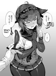 Rule 34 | 1boy, 1girl, absurdres, anchor hair ornament, androgynous, aneros, atlanta (kancolle), bacius, blush, bodysuit, butt plug, clothes writing, crossdressing, english text, flying sweatdrops, garrison cap, genderswap, genderswap (ftm), gloves, greyscale, hachimaki, hair flaps, hair ornament, hat, hatsuzuki (kancolle), headband, highres, holding, kantai collection, long hair, monochrome, open mouth, partially fingerless gloves, pleated skirt, reverse translation, sailor collar, sex toy, simple background, skirt, sweat, tears, translated, trap, twintails