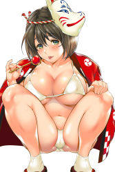 Rule 34 | 1girl, :p, bikini, bikini top only, blush, breasts, brown hair, cleavage, green eyes, highres, large breasts, looking at viewer, navel, open clothes, panties, pinky out, raised eyebrows, sandals, shigaoka, short hair, simple background, socks, solo, squatting, swimsuit, thighs, tongue, tongue out, underwear, white background, white bikini, white socks