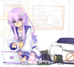 Rule 34 | 10s, 1girl, bad anatomy, computer, d-pad, glasses, hair ornament, highres, laptop, long hair, nepgear, neptune (series), normaland, purple eyes, purple hair, robot, solo, striped clothes, striped thighhighs, thighhighs