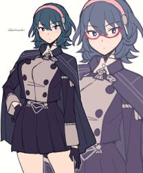 Rule 34 | 1girl, black cape, black gloves, black skirt, blue eyes, buttons, byleth (female) (fire emblem), byleth (fire emblem), cape, closed mouth, commentary request, do m kaeru, expressionless, fire emblem, fire emblem: three houses, garreg mach monastery uniform, glasses, gloves, hair between eyes, hairband, hand on own hip, long hair, long sleeves, nintendo, official alternate costume, pink hairband, pleated skirt, red-framed eyewear, simple background, skirt, solo, twitter username, white background
