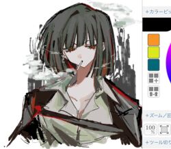 Rule 34 | 1girl, arere (k1m6wv), art program in frame, black hair, black jacket, cigarette, collarbone, collared shirt, jacket, jacket on shoulders, limbus company, open mouth, project moon, red eyes, ryoshu (project moon), shirt, short hair, smoke, smoking, solo, white shirt