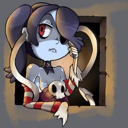Rule 34 | 1girl, breasts, cleavage, detached sleeves, eye socket, highres, leviathan (skullgirls), monster girl, parasite, pingqiong xiansheng, red eyes, skeleton, skullgirls, small breasts, squigly (skullgirls), stitches, yellow eyes, zombie