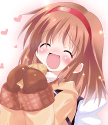 Rule 34 | 1girl, ^ ^, brown hair, closed eyes, coat, female focus, food, gradient background, hairband, heart, kanon, mittens, open mouth, paco, smile, solo, taiyaki, tsukimiya ayu, wagashi, wings