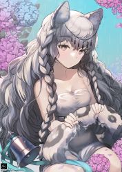 Rule 34 | 160mp, 1girl, absurdres, animal ear fluff, animal ears, arknights, bare shoulders, bell, blue flower, breasts, commentary request, dress, flower, grey eyes, head chain, highres, holding tail, jewelry, leopard ears, leopard tail, looking at viewer, pink flower, pramanix (arknights), silver hair, small breasts, solo, strapless, strapless dress, tail, white dress, wringing