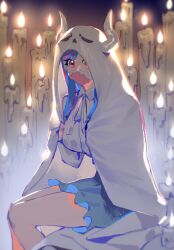 Rule 34 | 1girl, blue hair, blue skirt, candle, covered mouth, curled horns, dinosaur girl, fire, ghost costume, horns, looking at viewer, mask, mouth mask, multicolored hair, one piece, pink eyes, pink hair, pink mask, raine (acke2445), shirt, skirt, solo, streaked hair, ulti (one piece), white shirt