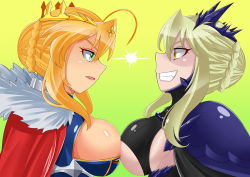 Rule 34 | 2girls, artoria pendragon (fate), artoria pendragon (lancer) (fate), artoria pendragon (lancer alter) (fate), blonde hair, breast press, breasts, cleavage cutout, clothing cutout, fate/grand order, fate (series), green eyes, large breasts, multiple girls, symmetrical docking, underboob, yellow eyes