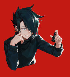 Rule 34 | 1boy, 8c, bishop (chess), black eyes, black hair, black sweater, chess piece, cropped torso, grin, hair over one eye, holding, long sleeves, male focus, ray (yakusoku no neverland), red background, simple background, smile, solo, sweater, yakusoku no neverland