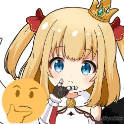 Rule 34 | 1girl, asymmetrical wings, bare shoulders, black wings, blonde hair, blouse, blue eyes, blush, bow, closed mouth, commentary request, crown, emoji, gauntlets, hair bow, hand on own chin, hand up, long hair, looking at viewer, marl (shironeko project), mini crown, mismatched wings, mitya, red bow, shironeko project, shirt, simple background, sleeveless, sleeveless shirt, solo, stroking own chin, thinking emoji, tilted headwear, twitter username, two side up, upper body, white background, white shirt, white wings, wings