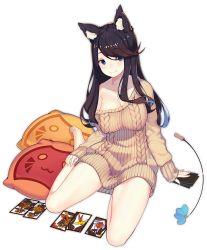 Rule 34 | 1girl, animal ears, azur lane, bare legs, barefoot, black hair, blue eyes, blush, breasts, card, casual, cat ears, cleavage, closed mouth, collarbone, full body, fusou (azur lane), fusou (perfect partner?) (azur lane), hanafuda, large breasts, long hair, long sleeves, looking at viewer, naked sweater, off shoulder, official alternate costume, official art, pillow, rain lan, ribbed sweater, sitting, sleeves past wrists, smile, solo, sweater, swept bangs, transparent background, yokozuwari