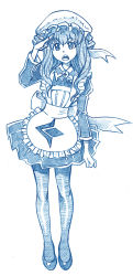 Rule 34 | 10s, 1girl, aoki hagane no arpeggio, apron, bbb (friskuser), blue theme, commentary request, dress, drill hair, fangs, frilled apron, frilled dress, frills, hat, highres, long hair, long sleeves, looking at viewer, maid, maid apron, mob cap, monochrome, open mouth, pantyhose, salute, simple background, sketch, solo, text focus, translation request, twin drills, vampire (aoki hagane no arpeggio), white background