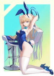 Rule 34 | 1girl, animal ears, armpits, arms up, ass, bar stool, bare shoulders, blonde hair, blue archive, blue bow, blue eyes, blue leotard, blush, bow, bowtie, breasts, closed mouth, covered navel, detached collar, fake animal ears, full body, gloves, high heels, highleg, highleg leotard, highres, holding, holding suitcase, kneeling, leotard, long hair, looking at viewer, medium breasts, playboy bunny, ponytail, rabbit ears, rabbit tail, simple background, sitting, smile, solo, stool, strapless, strapless leotard, suitcase, tail, thighhighs, thighs, toki (blue archive), toki (bunny) (blue archive), very long hair, white gloves, zomzomzomsauce