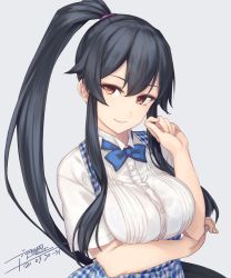 Rule 34 | 1girl, absurdly long hair, alternate costume, apron, black hair, blue apron, breast hold, breasts, checkered apron, checkered clothes, commentary request, contemporary, dated, employee uniform, gingham apron, kantai collection, kobeya, kobeya uniform, large breasts, long hair, looking at viewer, ponytail, red eyes, rokuwata tomoe, see-through, short sleeves, sidelocks, signature, smile, solo, uniform, upper body, very long hair, waitress, yahagi (kancolle)