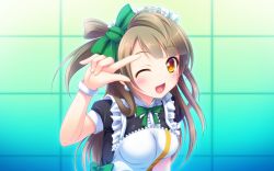 Rule 34 | 10s, 1girl, bow, brown hair, earrings, green bow, hair bow, heart, heart-shaped pupils, highres, jewelry, long hair, looking at viewer, love live!, love live! school idol project, maid headdress, minami kotori, miu (c blue), mogyutto &quot;love&quot; de sekkin chuu!, one eye closed, open mouth, solo, symbol-shaped pupils, yellow eyes