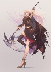 Rule 34 | 1girl, absurdres, anklet, arm up, armlet, armpits, belt, black cape, black nails, breasts, brown thighhighs, cape, closed mouth, fingernails, gradient background, hair between eyes, hara kenshi, high heels, highres, holding, holding scythe, holding weapon, hololive, hololive english, jewelry, large breasts, mori calliope, nail polish, pink hair, red eyes, scythe, see-through, skindentation, smile, solo, standing, standing on one leg, thighhighs, tiara, torn, torn cape, torn clothes, veil, virtual youtuber, weapon