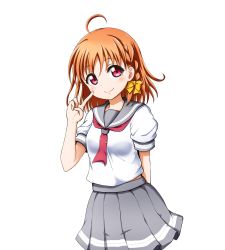 Rule 34 | 1girl, ahoge, blush, bow, braid, breasts, closed mouth, grey sailor collar, grey skirt, hair between eyes, hair bow, hand up, highres, kuena, looking at viewer, love live!, love live! sunshine!!, orange hair, pleated skirt, puffy short sleeves, puffy sleeves, red eyes, red neckwear, sailor collar, school uniform, serafuku, shirt, short sleeves, simple background, skirt, small breasts, smile, solo, takami chika, uranohoshi school uniform, v, white background, white shirt, yellow bow