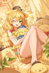 Rule 34 | 1girl, ;d, ahoge, animal ears, bare legs, blonde hair, bloomers, blush, bow, braid, camisole, character doll, dog ears, dog slippers, hair bow, hair intakes, heart, highres, hug, indoors, knees together feet apart, knees up, looking at viewer, one eye closed, open mouth, original, pine (angel4195202), pompompurin, sanrio, smile, sparkle, star (symbol), star print, twin braids, yellow bloomers, yellow camisole, yellow theme