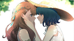Rule 34 | 2girls, absurdres, blue eyes, blue hair, brown hair, character request, check character, closed mouth, commentary request, doraimon0312, green eyes, hair ornament, hair over shoulder, hairclip, hanasato minori, hands on another&#039;s cheeks, hands on another&#039;s face, hat, highres, kiritani haruka, multiple girls, outdoors, project sekai, scramble fan festa! (project sekai), short hair, smile, straw hat, tree shade, upper body, yuri