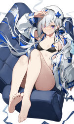 Rule 34 | 1girl, absurdres, amagasa yun, amane kanata, amane kanata (work), asymmetrical bangs, bare legs, bare shoulders, barefoot, beret, bikini, black bikini, blue hair, breasts, collarbone, colored inner hair, commentary request, couch, eyes visible through hair, from above, hair ornament, hair over one eye, hairclip, hand on own face, hand up, hat, highres, hololive, jacket, long hair, long sleeves, looking at viewer, lying, multicolored hair, on back, on couch, open clothes, open jacket, outdoors, parted lips, purple eyes, reflection, sky, sleeve cuffs, small breasts, solo, streaked hair, swimsuit, very long hair, virtual youtuber, water, white hair, white hat, white jacket, wide sleeves