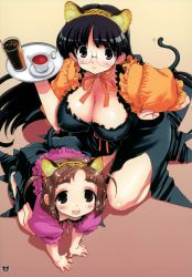 Rule 34 | 2girls, absurdres, age difference, all fours, animal ears, arm support, black hair, breasts, brown eyes, brown hair, carrying, cat ears, cat tail, child, cup, drink, covered erect nipples, frills, glasses, hair bobbles, hair ornament, highres, kazumi yoshiyuki, kneeling, large breasts, looking at viewer, multiple girls, on floor, open mouth, original, rimless eyewear, sleeves past elbows, soda, tail, tea, teacup, thick eyebrows, tray, two side up