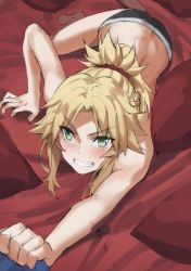 Rule 34 | 1girl, ass, bare shoulders, black panties, blonde hair, blush, braid, breasts, butt crack, clenched teeth, fate/apocrypha, fate (series), french braid, green eyes, hair ornament, hair scrunchie, highres, long hair, looking at viewer, mordred (fate), mordred (fate/apocrypha), panties, parted bangs, ponytail, red scrunchie, scrunchie, sidelocks, small breasts, teeth, tonee, underwear, v-shaped eyebrows