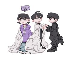 Rule 34 | 1girl, 2boys, absurdres, aged down, black hair, black pants, child, full body, han sooyoung, highres, hood, hood down, hoodie, jacket, kim dokja, korean text, long sleeves, looking at another, multiple boys, omniscient reader&#039;s viewpoint, open clothes, open jacket, open mouth, oversized clothes, pants, purple hoodie, rude rudy, shoes, short hair, simple background, sleeves rolled up, speech bubble, standing, tied jacket, translation request, white background, white jacket, yoo joonghyuk