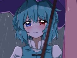 Rule 34 | 1girl, animated, blue eyes, blue hair, blush, crying, heterochromia, looking at viewer, rain, red eyes, sad, short hair, simple background, stain, tatara kogasa, teardrop, tears, tongue, touhou, umbrella, undefined fantastic object, video, wet, wet clothes