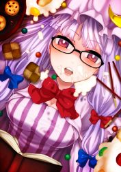 Rule 34 | 1girl, bespectacled, book, bow, checkerboard cookie, cookie, female focus, food, fua yuu, glasses, hat, long hair, open mouth, patchouli knowledge, pocky, purple hair, red eyes, solo, suggestive fluid, touhou