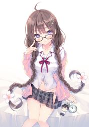 Rule 34 | 1girl, ahoge, black-framed eyewear, black skirt, blush, braid, breasts, brown hair, buttons, cardigan, character doll, closed mouth, collarbone, collared shirt, commentary request, flower, glasses, groin, hair flower, hair ornament, hair over shoulder, hand up, head tilt, large breasts, long hair, long sleeves, looking at viewer, looking over eyewear, low twintails, miniskirt, navel, neck ribbon, no panties, open cardigan, open clothes, original, partially unbuttoned, pink cardigan, plaid, plaid skirt, pleated skirt, pocket watch, purple eyes, red ribbon, ribbon, rurudo, school uniform, shirt, sidelocks, sitting, skirt, sleeves past wrists, smile, solo, twin braids, twintails, very long hair, watch, white background, white flower, white shirt