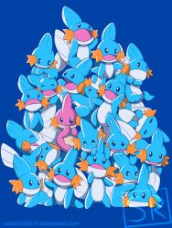 Rule 34 | :d, ^ ^, absurdres, alternate color, blue background, blue skin, blue theme, closed eyes, closed mouth, colored skin, covering own mouth, creature, creatures (company), game freak, gen 3 pokemon, highres, lying, mudkip, nintendo, no humans, odd one out, on stomach, open mouth, outstretched arms, pink skin, pokemon, pokemon (creature), shiny and normal, shiny pokemon, signature, simple background, smile, standing, techranova, too many, watermark, web address
