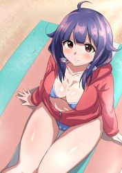 Rule 34 | 10s, 1girl, ahoge, beach, bikini, blush, breasts, cameltoe, cleavage, hair flaps, jacket, kantai collection, large breasts, long hair, looking at viewer, looking up, low twintails, purple hair, red eyes, sand, senshiya, sitting, smile, solo, swimsuit, taigei (kancolle), twintails, zipper
