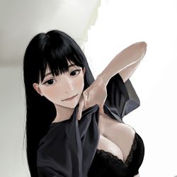 Rule 34 | 1girl, absurdres, bad id, bad pixiv id, black bra, black eyes, black hair, black shirt, blouse, bra, breasts, cleavage, clothes lift, commentary, highres, hiramedousa, lifting own clothes, lingerie, lips, looking at viewer, medium breasts, original, realistic, shirt, shirt lift, solo, symbol-only commentary, t-shirt, underwear, upper body