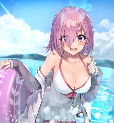 Rule 34 | 1girl, absurdres, ayul (ayulneri 92), bare shoulders, beach, blue sky, blush, bow, breasts, cleavage, cloud, cloudy sky, collarbone, day, dress swimsuit, eyes visible through hair, fate/grand order, fate (series), grey jacket, hair over one eye, halterneck, highres, innertube, jacket, large breasts, light purple hair, long sleeves, looking at viewer, mash kyrielight, mash kyrielight (swimsuit of perpetual summer), ocean, off shoulder, official alternate costume, one-piece swimsuit, open clothes, open jacket, open mouth, outdoors, pink bow, purple eyes, short hair, sky, sleeves past wrists, smile, solo, swim ring, swimsuit, wading, white one-piece swimsuit