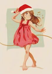 Rule 34 | 1girl, alkemanubis, barefoot, blue eyes, brown hair, child, christmas, closed mouth, commentary, dancing, dress, english commentary, female focus, full body, green background, grey background, hat, highres, long hair, looking to the side, musical note, original, red dress, red hat, santa hat, sleeveless, sleeveless dress, solo, standing, toes, two-tone background