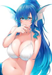 Rule 34 | 1girl, bare arms, bare shoulders, bikini, bikini top only, biting, blood, blue eyes, blue hair, blue nails, blush, breasts, cleavage, collarbone, fingernails, fins, groin, head fins, high ponytail, highres, large breasts, long hair, looking at viewer, mermaid, monster girl, nail polish, original, sidelocks, simple background, solo, suruga (xsurugax), swimsuit, upper body, very long hair, white background, white bikini