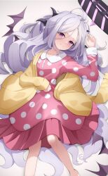 Rule 34 | 1girl, absurdres, ahoge, alternate costume, arm up, bags under eyes, barefoot, blue archive, blush, closed mouth, coat, commentary request, demon girl, demon horns, demon wings, dress, frilled dress, frills, hair between eyes, halo, highres, hina (blue archive), hina (pajamas) (blue archive), horns, long eyelashes, long hair, long sleeves, lying, messy hair, on back, open clothes, open coat, pajamas, parted bangs, pink pajamas, polka dot, polka dot dress, purple eyes, shijima (shijima tc), solo, very long hair, wings, yellow coat